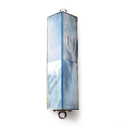 Picture of #HR-B533-BLU Blue Pale Mother of Pearl Triangle Sterling Silver Mezuzah