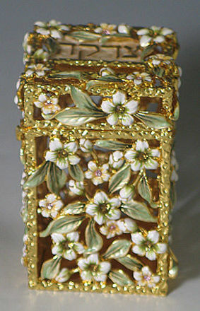 Picture of #6255 Tzedakah Box Jeweled White Flowers and stones