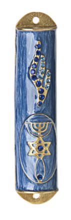 Picture of #049 Blue and Gold  Enamel Jeweled  Mezuzah case with Star of David and Menorah