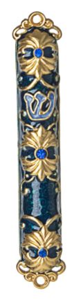 Picture of #050 Blue and Gold  Enamel Jeweled  Mezuzah case 