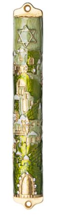 Picture of #043 Green Enamel Jeweled  Mezuzah case with City of Jerusalem