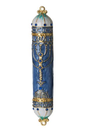 Picture of #042 Enamel Jeweled  Mezuzah case Blue/White/Gold