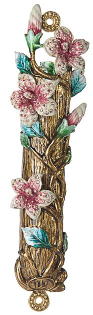 Picture of #046 Pink Flower Enamel Jeweled  Mezuzah case 